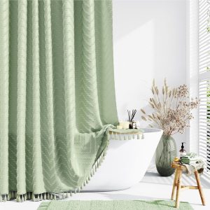 Dynamene Boho Farmhouse Shower Curtain, Sage Green Fabric Tufted Chevron Striped Textured Tassel Shower Curtains for Bathroom, Water Repellent, Minimalist Cloth Shower Curtain Set with Hook, 72x72