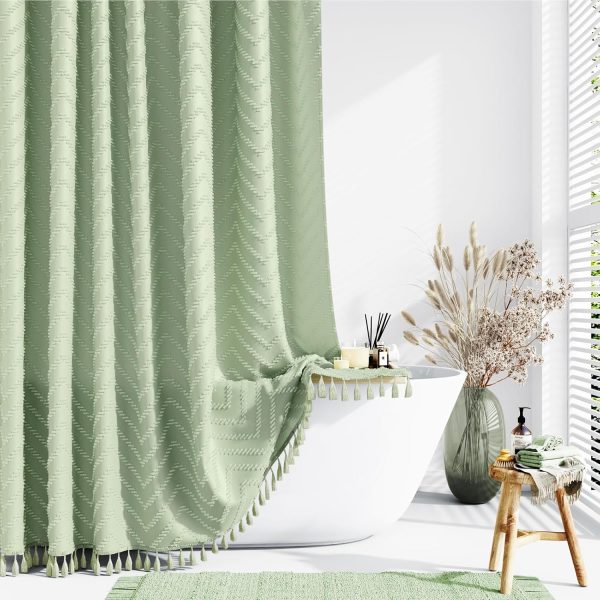 Dynamene Boho Farmhouse Shower Curtain, Sage Green Fabric Tufted Chevron Striped Textured Tassel Shower Curtains for Bathroom, Water Repellent, Minimalist Cloth Shower Curtain Set with Hook, 72x72