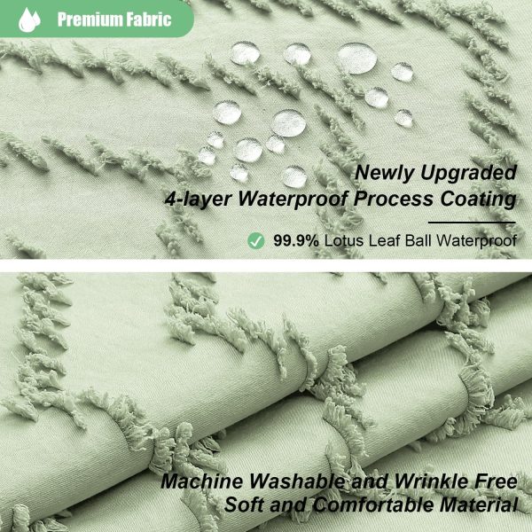 Dynamene Boho Farmhouse Shower Curtain, Sage Green Fabric Tufted Chevron Striped Textured Tassel Shower Curtains for Bathroom, Water Repellent, Minimalist Cloth Shower Curtain Set with Hook, 72x72 - Image 3