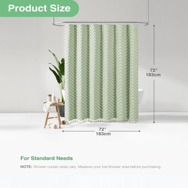 Dynamene Boho Farmhouse Shower Curtain, Sage Green Fabric Tufted Chevron Striped Textured Tassel Shower Curtains for Bathroom, Water Repellent, Minimalist Cloth Shower Curtain Set with Hook, 72x72 - Image 4