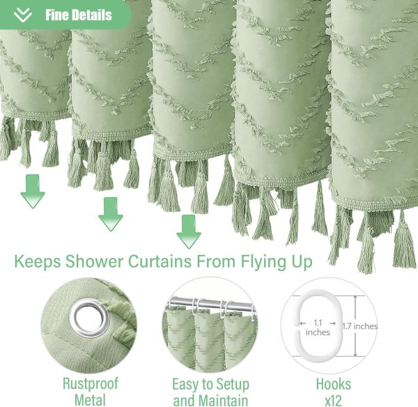 Dynamene Boho Farmhouse Shower Curtain, Sage Green Fabric Tufted Chevron Striped Textured Tassel Shower Curtains for Bathroom, Water Repellent, Minimalist Cloth Shower Curtain Set with Hook, 72x72 - Image 6