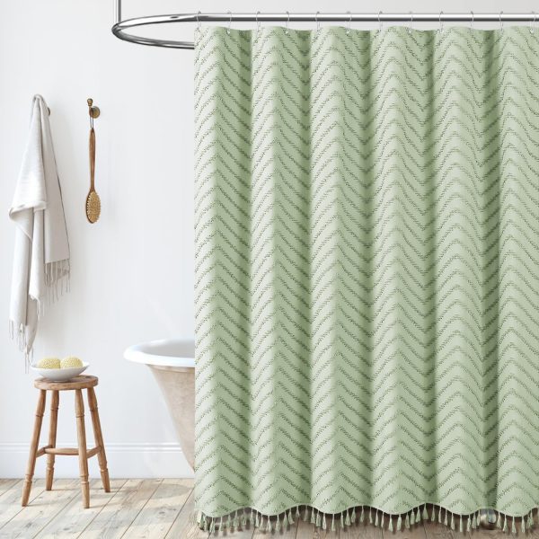 Dynamene Boho Farmhouse Shower Curtain, Sage Green Fabric Tufted Chevron Striped Textured Tassel Shower Curtains for Bathroom, Water Repellent, Minimalist Cloth Shower Curtain Set with Hook, 72x72 - Image 7