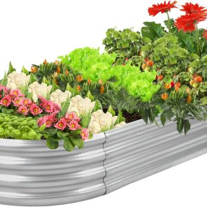 Raised Garden Bed Galvanized Planter Box Outdoor, 5ft Oval Large Rot-Resistant Metal Garden Bed Planter for Vegetables Flower Herb (Silver)