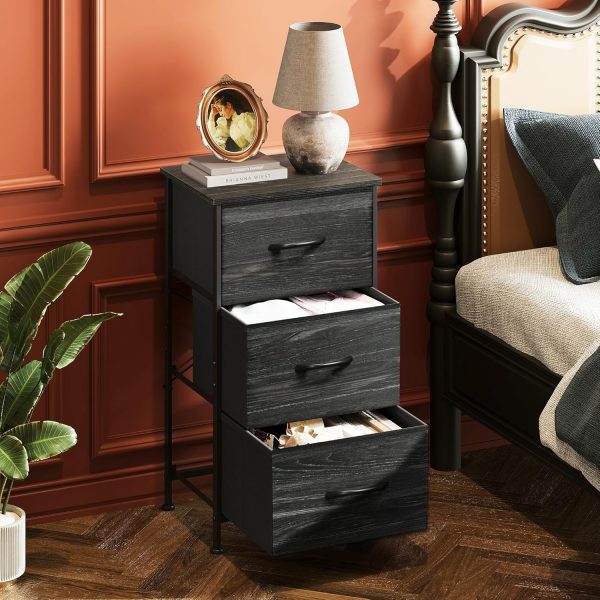 WLIVE Nightstand with 3 Drawers, Fabric Dresser, Organizer Unit, Storage Dresser for Bedroom, Hallway, Entryway, Closets, Steel Frame, Wood Top, Easy Pull Handle, Charcoal Black Wood Grain Print - Image 2